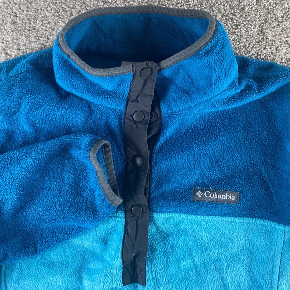 Columbia Womens L Blue Colorblock Fleece Snap Neck Pullover Sweatshirt Preppy